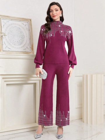 Beaded Detail Stand Collar Sweater And Knitted Pants Two-Piece Set