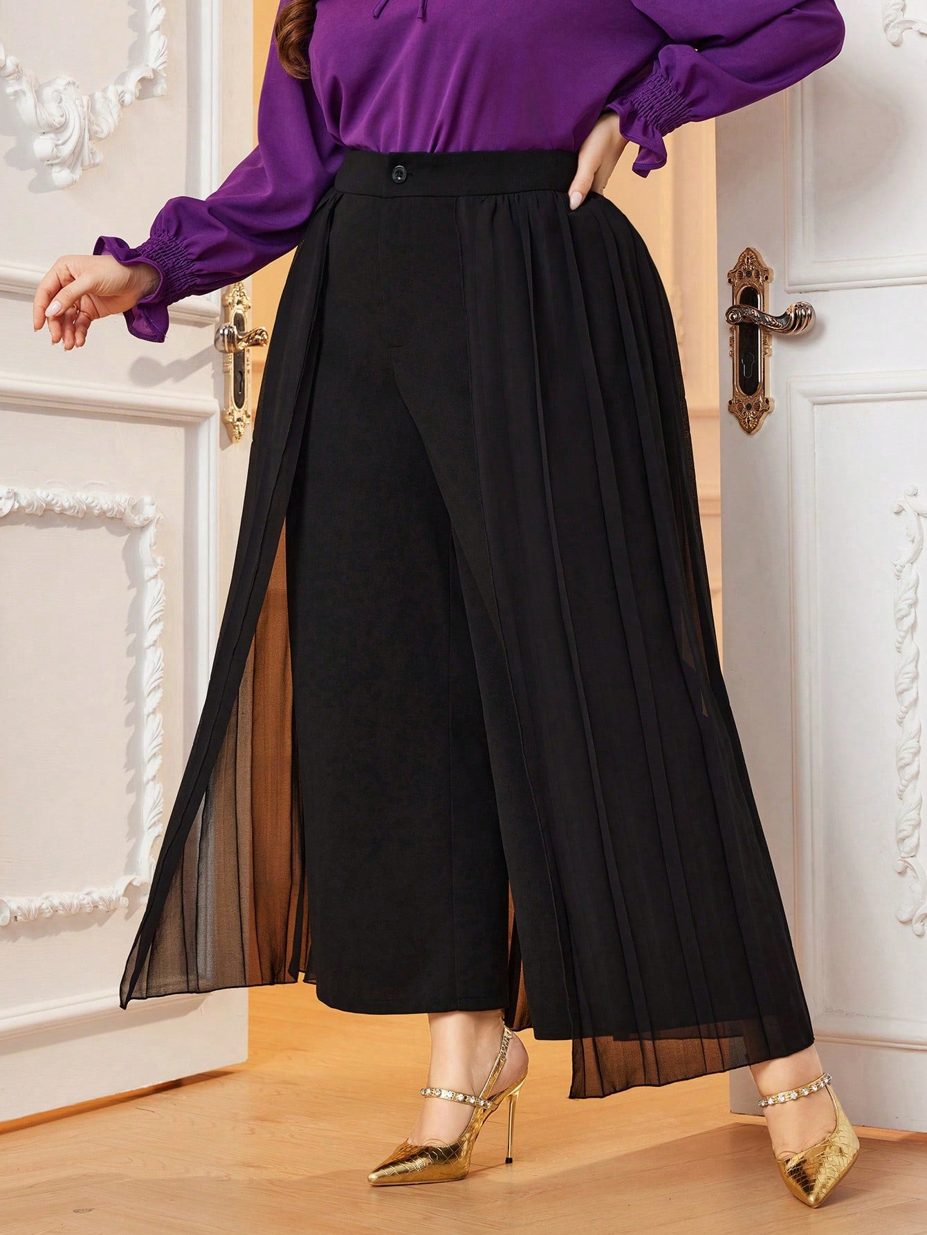 Plus Size Solid Color High Waisted Suit Pants With Pleated Skirt