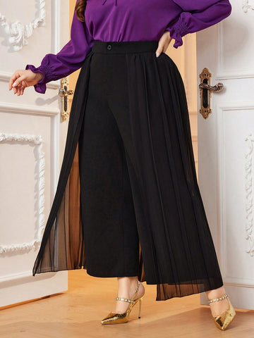 Plus Size Solid Color High Waisted Suit Pants With Pleated Skirt