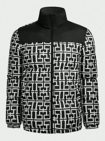 Men's Loose Fit Puffer Coat With Geometric Print