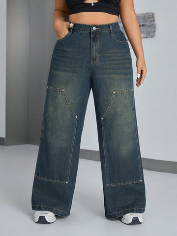 Plus Size Women's Vintage Wide Leg Denim Jeans