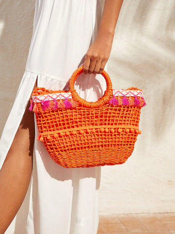 Tassel & Pompom Women's Tote Bag,Straw Bag,Woven Bag,Perfect For Summer Beach Travel Vacation,For Outdoor,Holiday