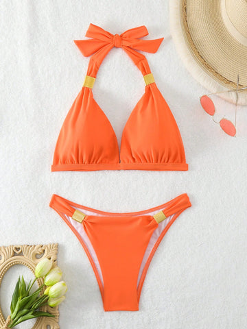 Summer Beach Women's Solid Color Swimsuit Set