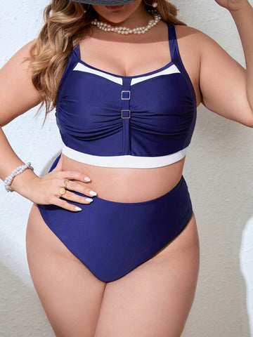 Plus Size Women'S Colorblock Ruffle Swimsuit Set