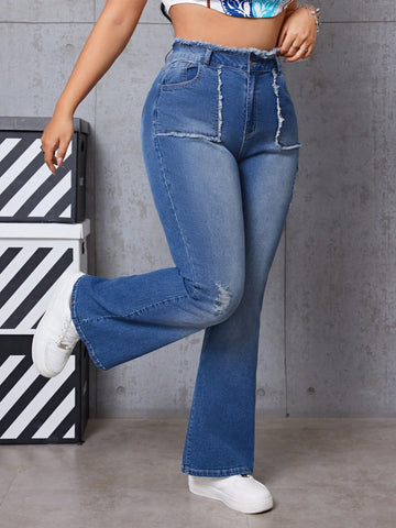 Plus Size Distressed Flared Jeans With Fringe Hem