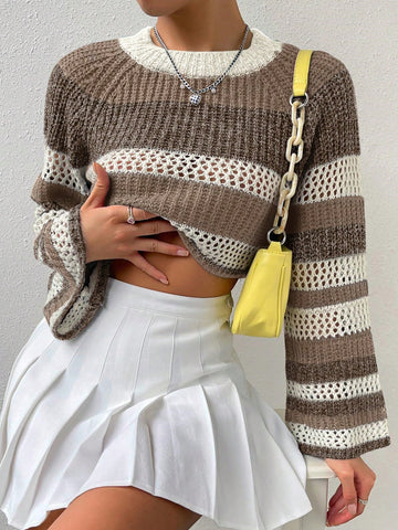Women's Color Block Striped Round Neck Raglan Sleeve Casual Sweater