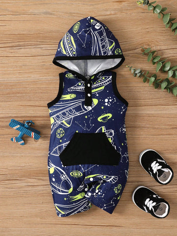 Infant Boys' Fashionable And Cool Short Romper With Hood, Color Block Front Zipper Closure, Sleeveless And Large Pockets (Printed Pattern), Simple And Generous Style, Spring / Summer