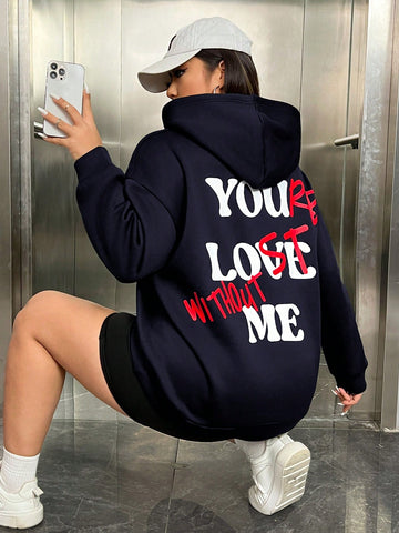 Women's Plus Size Hoodie With Slogan & Print And Drawstring