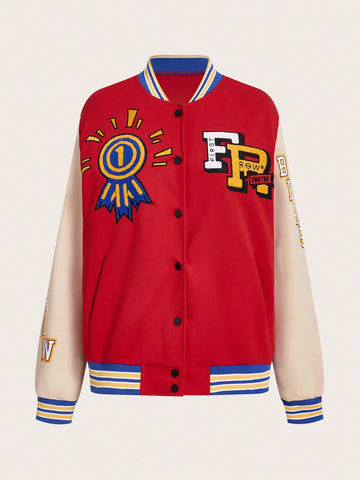 Color-contrast Alphabet & Trophy Print Varsity Baseball Jacket In College Style