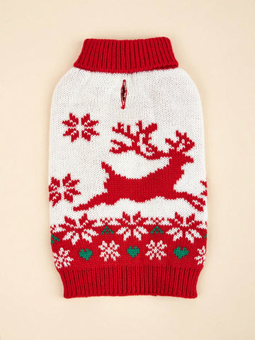Red And White Warm Autumn/Winter Small Deer Design Pet Sweater, Suitable For Cats And Dogs