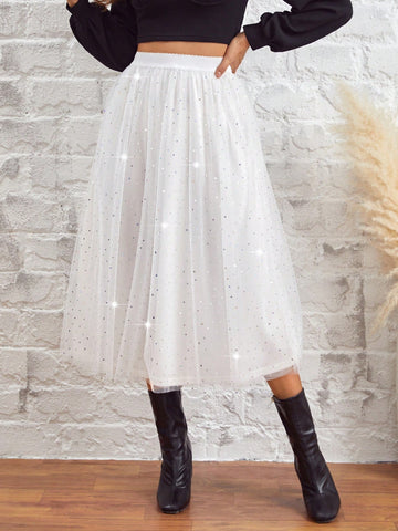 Women's Glitter Elastic Waistband Mesh Splice Skirt