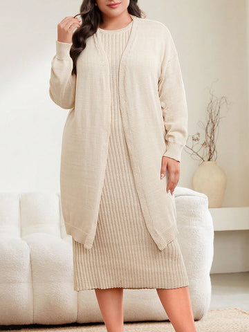 Plus Size Sweater Set Including Sweater Dress And Cardigan