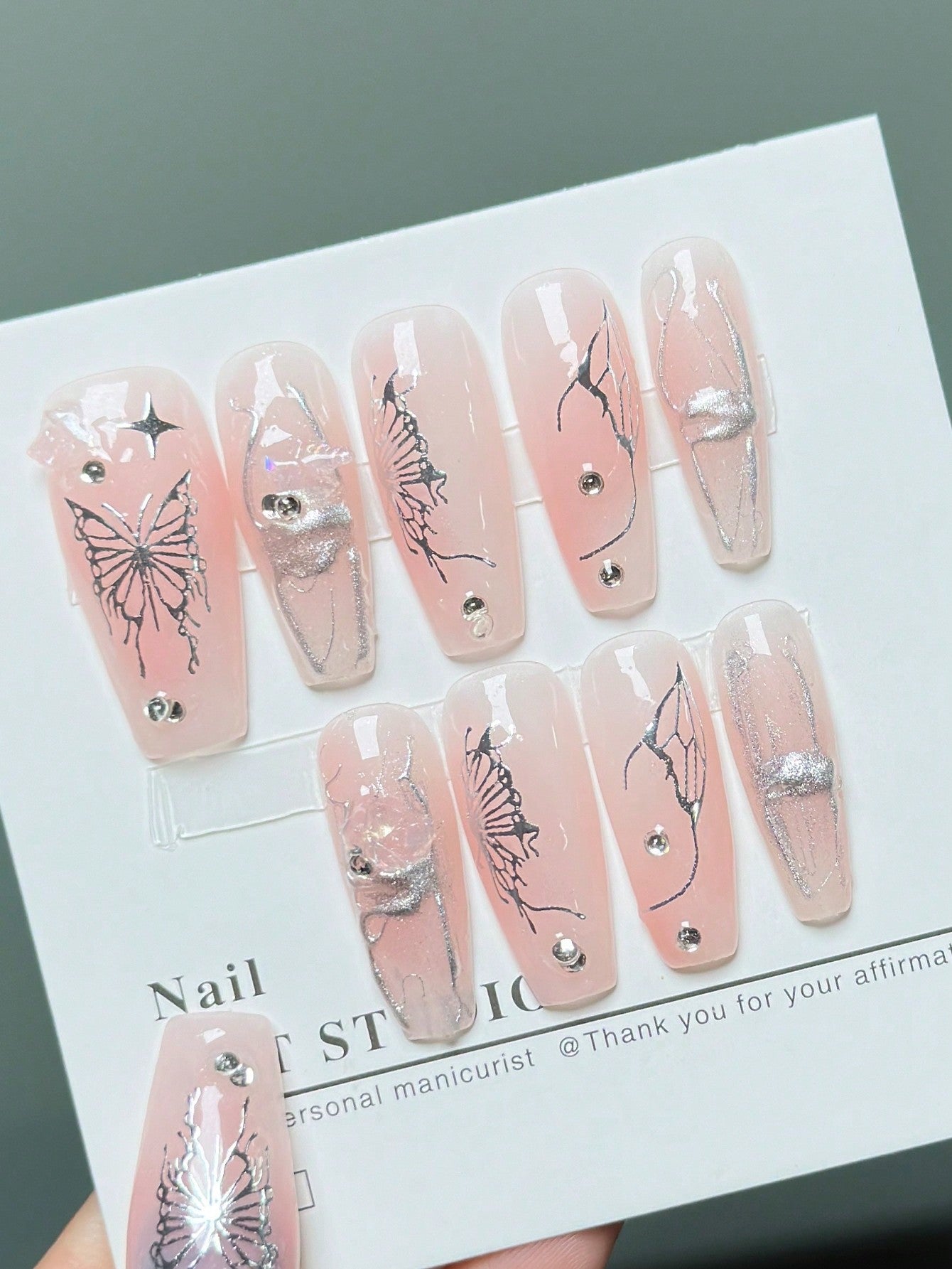 10pcs Elegant Hand-Painted Pink Butterfly Nail Art With 1pc Double-Sided Adhesive Tape