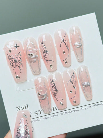 10pcs Elegant Hand-Painted Pink Butterfly Nail Art With 1pc Double-Sided Adhesive Tape