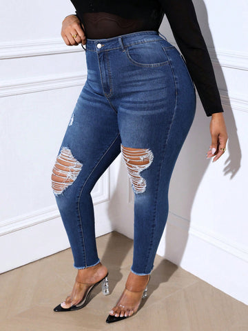 Women'S Plus Size Mid Waist Slim Fit Ripped Skinny Jeans