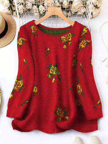 Plus Size Sweater With Flower Pattern