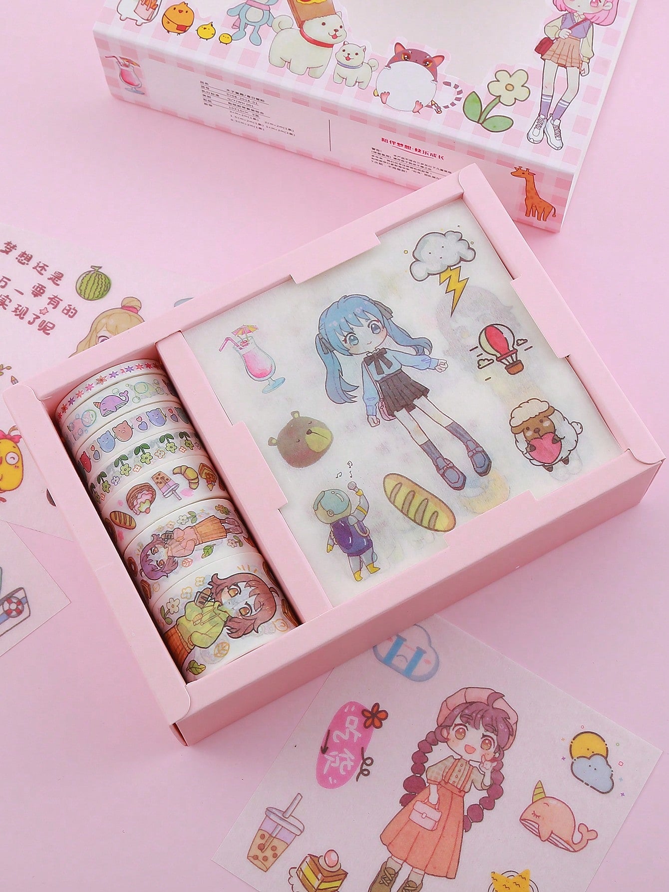 1 Box(7Rolls+9pcs Stickers) Cute Cartoon Washi Sticker Tape Set For Scrapbooking,DIY Arts And Crafts,Bullet Journals Planners,Gift Wrapping,Party Decoration.Lovely Stickers For Journaling,Cartoon Decoration And Other Items.Girl Stickers,Korean DIY Decorat