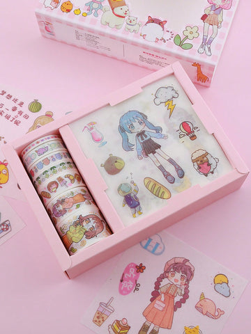 1 Box(7Rolls+9pcs Stickers) Cute Cartoon Washi Sticker Tape Set For Scrapbooking,DIY Arts And Crafts,Bullet Journals Planners,Gift Wrapping,Party Decoration.Lovely Stickers For Journaling,Cartoon Decoration And Other Items.Girl Stickers,Korean DIY Decorat