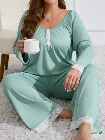 Loose Casual Plus Size Women's Lace Stitching Long-Sleeved Pajama Set
