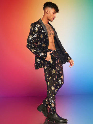 Men'S Five-Pointed Star Casual Sequined Blazer And Pants Two-Piece Set