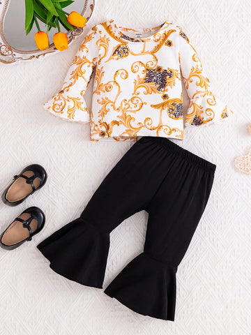 Baby Girl Trendy Baroque Pattern Long Sleeves + Simple Pure Black Flared Trousers