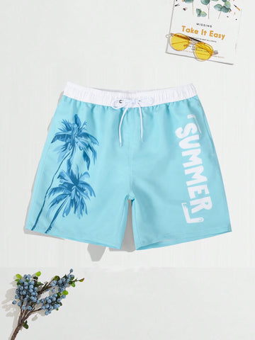 Men'S Coconut Tree Print Drawstring Waist Beach Shorts