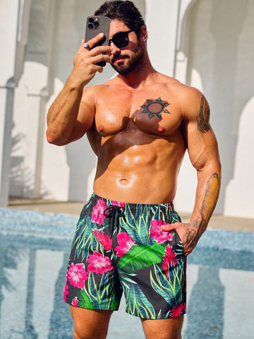 Men'S Tropical Printed Beach Shorts With Slanted Pockets