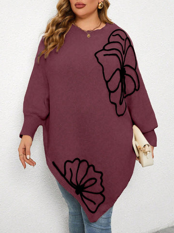 Plus Size Floral Pattern Lantern Sleeve Pullover Sweater