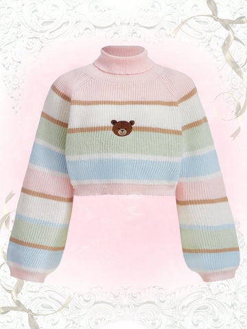 Women's Plus Size High Neck Striped Sweater With Bear Embroidery