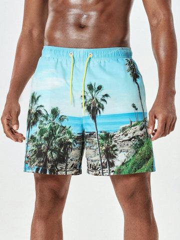 Men'S Scenery Print Beach Shorts With Slanted Pockets