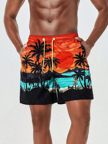 Men's Coconut Tree Print Drawstring Beach Shorts
