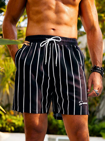 Men'S Striped Pattern Beach Shorts With Slanted Pockets