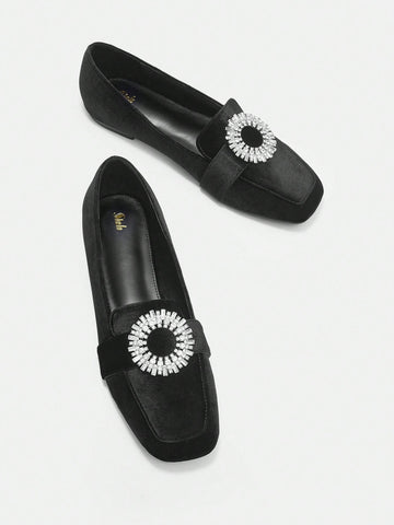 Black Korean Velvet Silver Rhinestone Decor Comfortable Daily Commute Flat Shoes