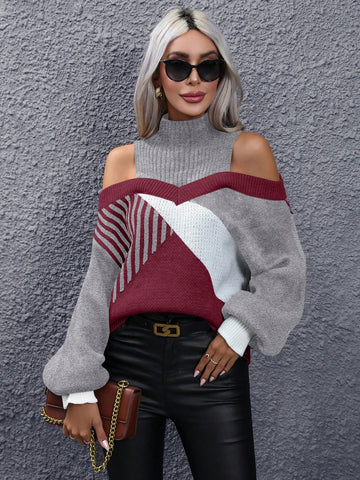 Hollow Out Color Block Sweater With Shoulder Cut-Outs