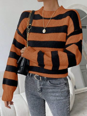 Women's Striped Drop Shoulder Long Sleeve Sweater