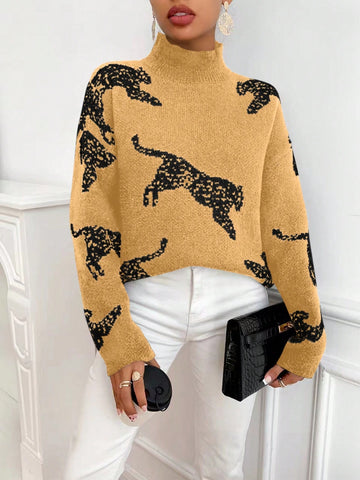 Women's Leopard Print Stand Collar Sweater