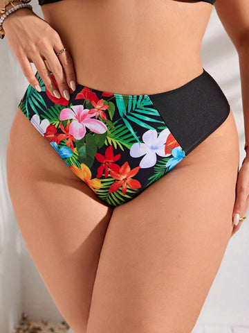 Plus Size Women's Floral Printed Patchwork Swim Bottom Carnival