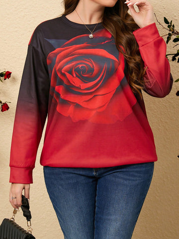 Plus Size Women's Rose Gradient Long-Sleeved Casual Sweatshirt