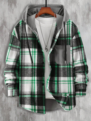Loose Men's Hooded Checked Contrast Color Drawstring Overcoat