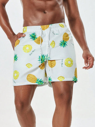 Men's Fruit & Letter Printed Drawstring Waist Beach Shorts
