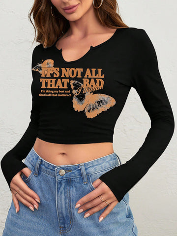 Slogan And Butterfly Print Notch Neck Cropped T-shirt