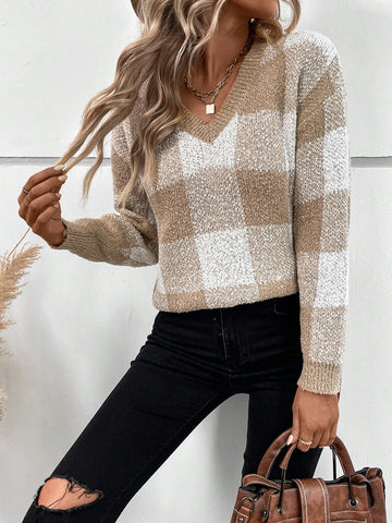 V-Neck Long Sleeve Plaid Pullover Sweater