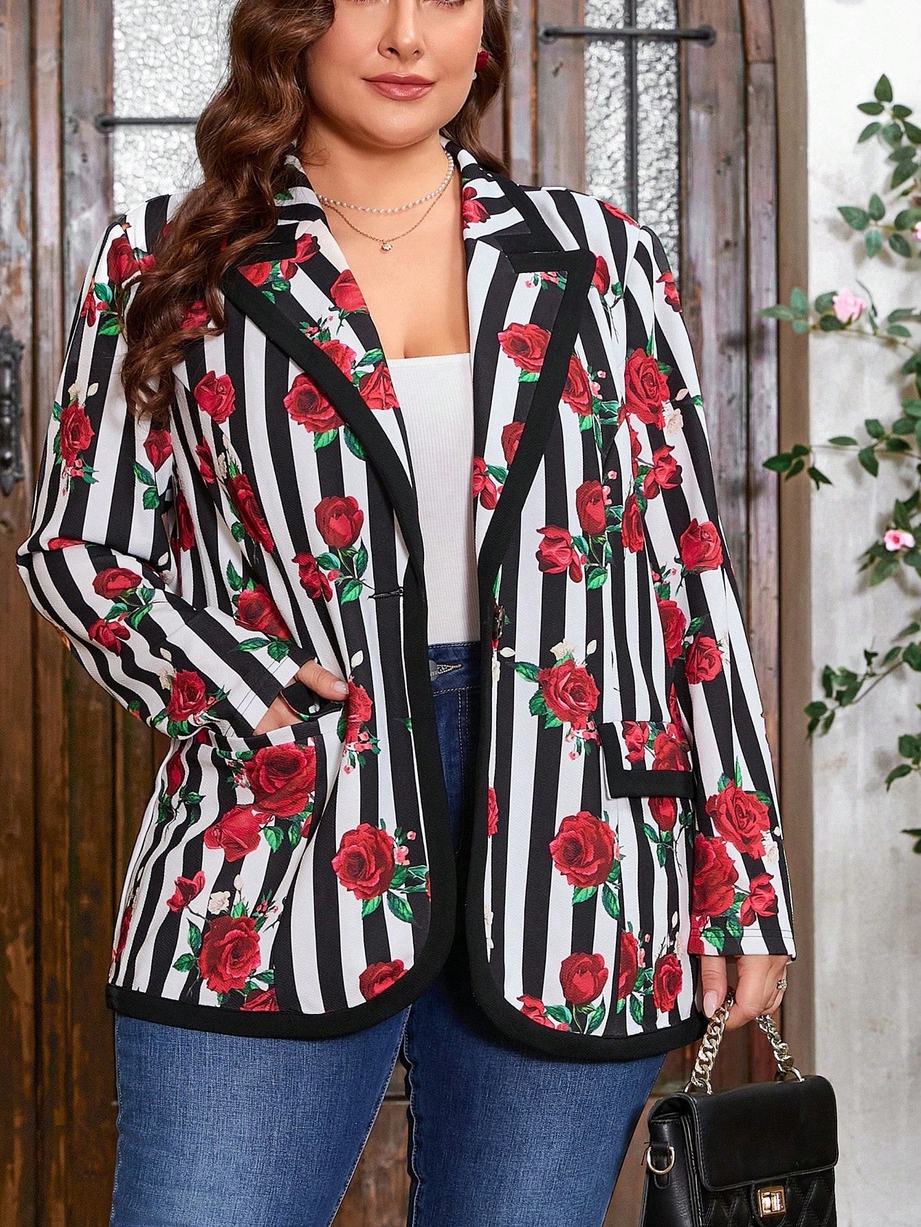 Plus Size Rose Striped Printed Blazer Jacket
