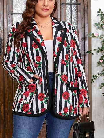 Plus Size Rose Striped Printed Blazer Jacket