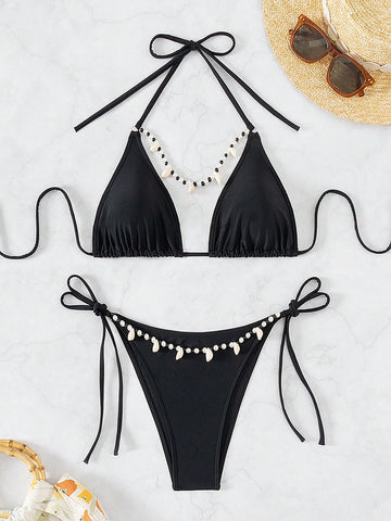 Women'S Bikini Swimsuit Set With Shell Beads Decoration
