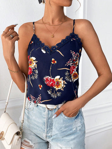 Women'S Floral Print Lace Trimmed Spaghetti Strap Top Summer Tank Tops