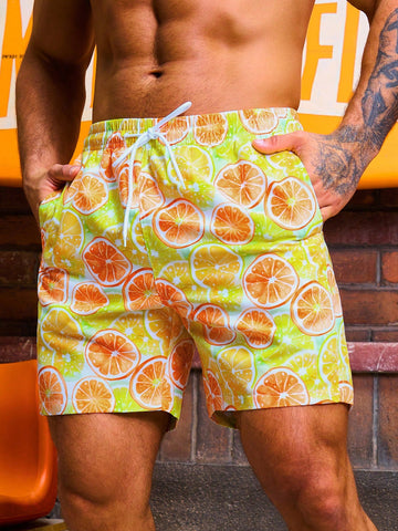 Men'S Lemon Printed Drawstring Beach Shorts
