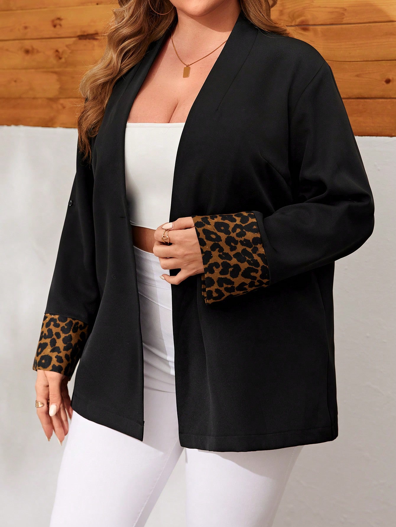 Plus Size Leopard Print Patchwork Rolled Up Sleeve Blazer Jacket