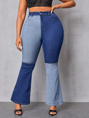Plus Size Elastic Color Block Bell Bottom Jeans