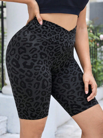 Plus Leopard Print Wideband Waist Top-Stitching Sports Biker Shorts Legging Shorts